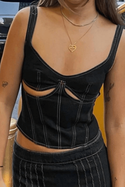 Style Core Aesthetics, New Style Trends - Stitched Detail Cutout Denim Cropped Tank Top