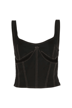 Style Core Aesthetics, New Style Trends - Stitched Detail Cutout Denim Cropped Tank Top