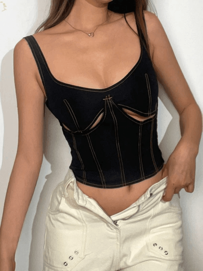 Style Core Aesthetics, New Style Trends - Stitched Detail Cutout Denim Cropped Tank Top Style Core Aesthetics, New Style Trends - Stitched Detail Cutout Denim Cropped Tank Top