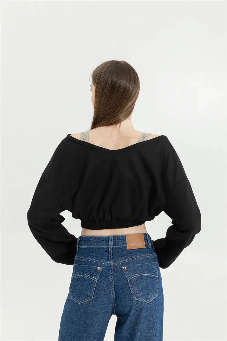 Style Core Aesthetics, New Style Trends - Strap Detailed Wide Neck Crop Sweatshirt