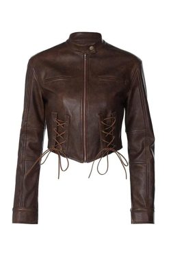 Style Core Aesthetics, New Style Trends - Street Tie Front Slim Motorcycle Leather Jacket