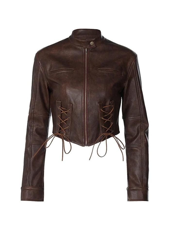 Style Core Aesthetics, New Style Trends - Street Tie Front Slim Motorcycle Leather Jacket Style Core Aesthetics, New Style Trends - Street Tie Front Slim Motorcycle Leather Jacket