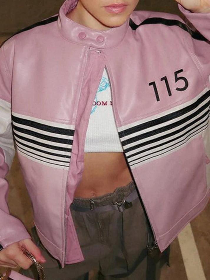 Style Core Aesthetics, New Style Trends - Striped Contrast Color Splice Leather Jacket Style Core Aesthetics, New Style Trends - Striped Contrast Color Splice Leather Jacket