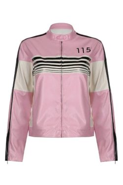 Style Core Aesthetics, New Style Trends - Striped Contrast Color Splice Leather Jacket