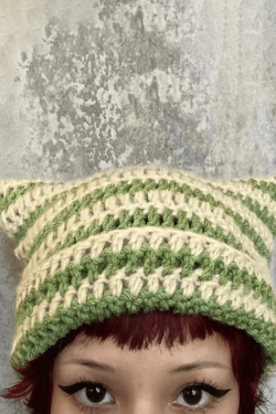 Style Core Aesthetics, New Style Trends - Striped Knit Hat with Handmade Horn Accent