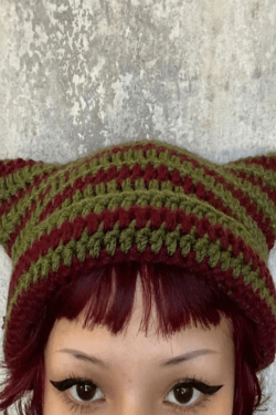 Style Core Aesthetics, New Style Trends - Striped Knit Hat with Handmade Horn Accent