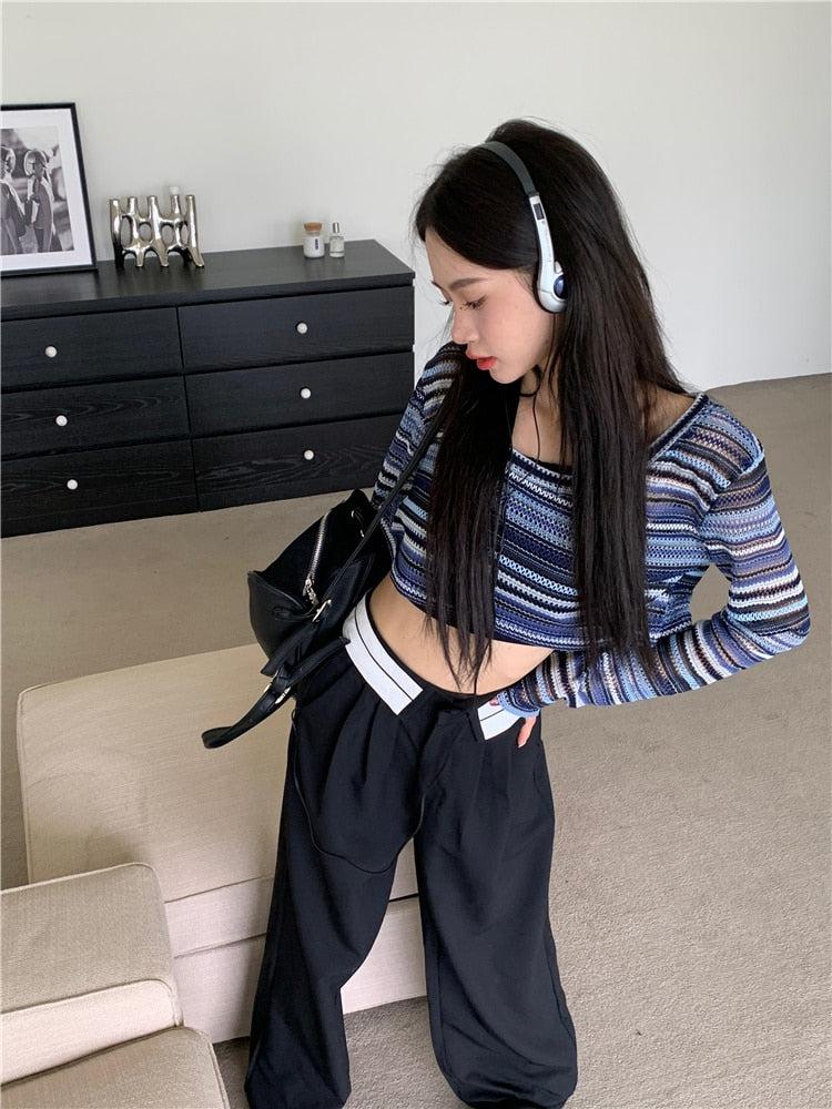 Style Core Aesthetics, New Style Trends - Striped Wide Neck Crop Sweater Style Core Aesthetics, New Style Trends - Striped Wide Neck Crop Sweater