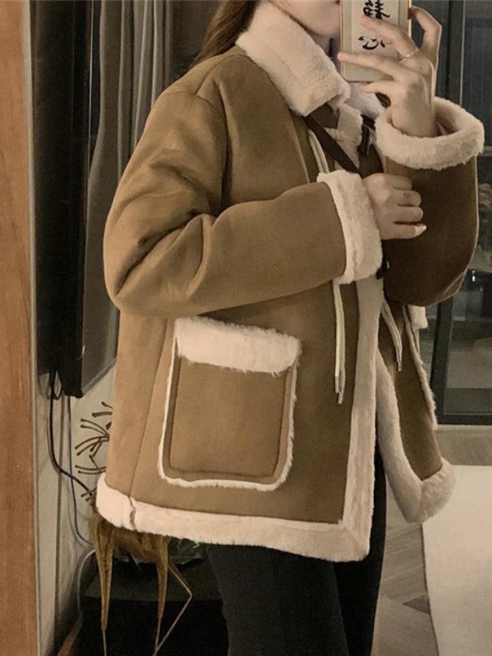 Style Core Aesthetics, New Style Trends - Suede Splice Horn Buckle Lapel Neck Jacket Style Core Aesthetics, New Style Trends - Suede Splice Horn Buckle Lapel Neck Jacket