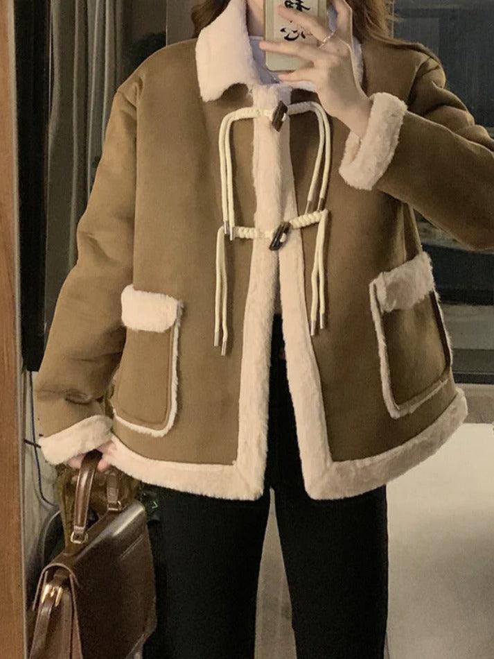 Style Core Aesthetics, New Style Trends - Suede Splice Horn Buckle Lapel Neck Jacket Style Core Aesthetics, New Style Trends - Suede Splice Horn Buckle Lapel Neck Jacket