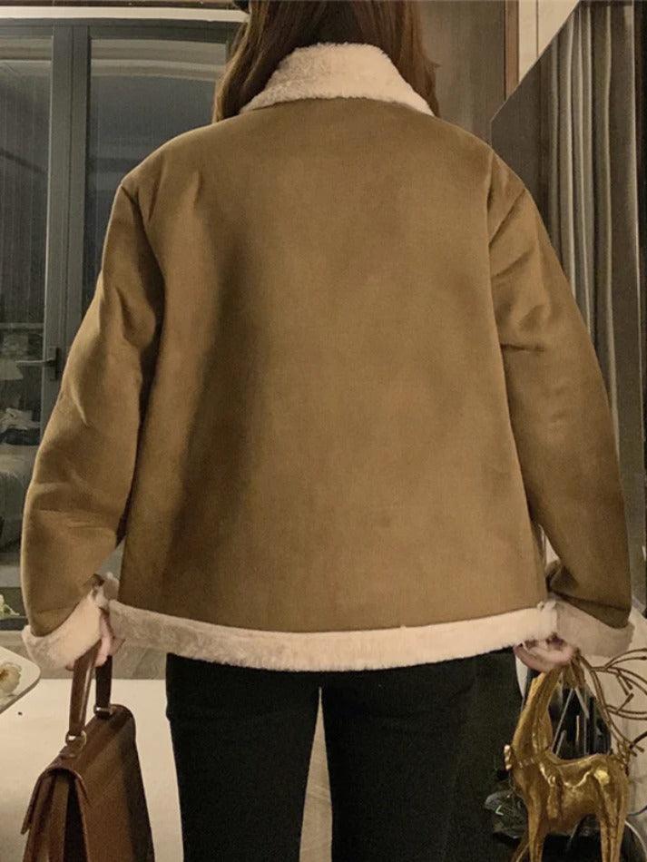 Style Core Aesthetics, New Style Trends - Suede Splice Horn Buckle Lapel Neck Jacket Style Core Aesthetics, New Style Trends - Suede Splice Horn Buckle Lapel Neck Jacket
