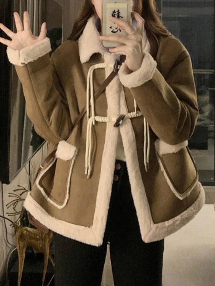 Style Core Aesthetics, New Style Trends - Suede Splice Horn Buckle Lapel Neck Jacket Style Core Aesthetics, New Style Trends - Suede Splice Horn Buckle Lapel Neck Jacket