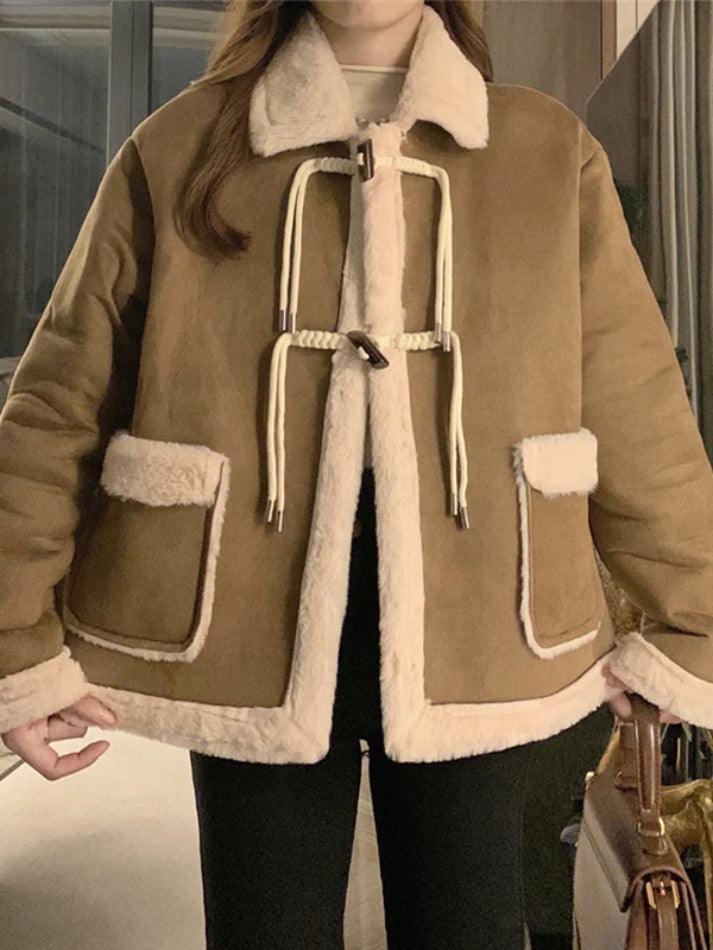 Style Core Aesthetics, New Style Trends - Suede Splice Horn Buckle Lapel Neck Jacket Style Core Aesthetics, New Style Trends - Suede Splice Horn Buckle Lapel Neck Jacket