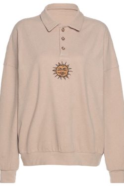 Style Core Aesthetics, New Style Trends - Sun Embroidery Button Up Sweatshirt