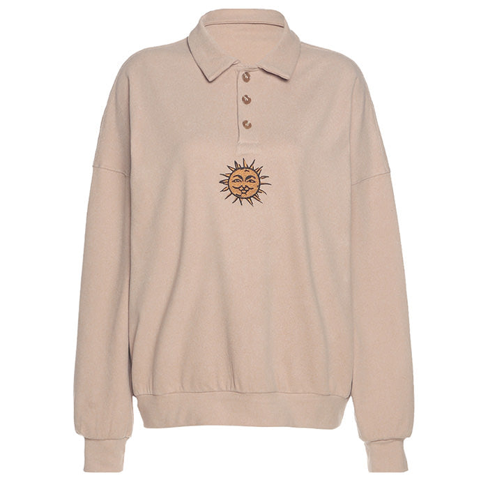 Style Core Aesthetics, New Style Trends - Sun Embroidery Button Up Sweatshirt Style Core Aesthetics, New Style Trends - Sun Embroidery Button Up Sweatshirt