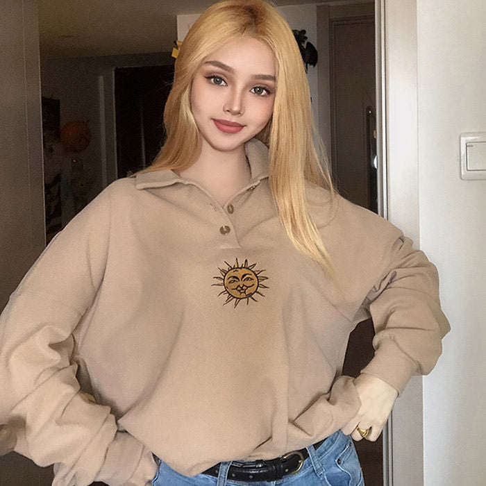 Style Core Aesthetics, New Style Trends - Sun Embroidery Button Up Sweatshirt Style Core Aesthetics, New Style Trends - Sun Embroidery Button Up Sweatshirt