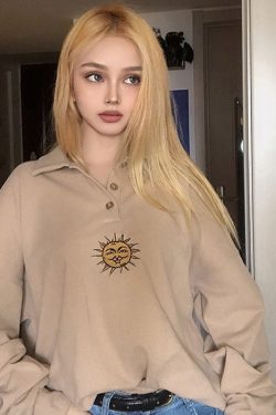 Style Core Aesthetics, New Style Trends - Sun Embroidery Button Up Sweatshirt