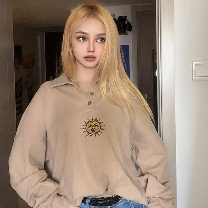 Style Core Aesthetics, New Style Trends - Sun Embroidery Button Up Sweatshirt Style Core Aesthetics, New Style Trends - Sun Embroidery Button Up Sweatshirt