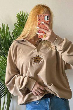 Style Core Aesthetics, New Style Trends - Sun Embroidery Button Up Sweatshirt