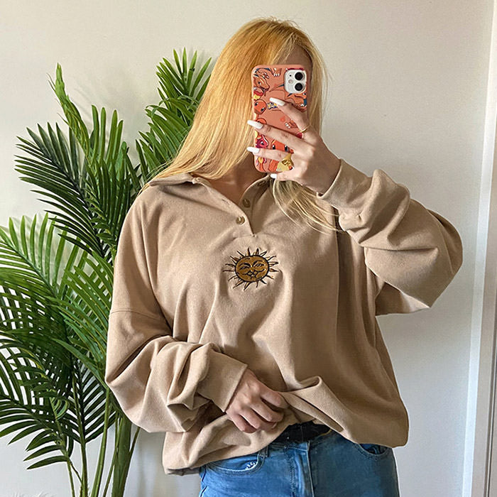 Style Core Aesthetics, New Style Trends - Sun Embroidery Button Up Sweatshirt Style Core Aesthetics, New Style Trends - Sun Embroidery Button Up Sweatshirt