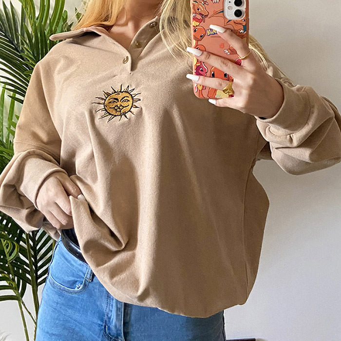 Style Core Aesthetics, New Style Trends - Sun Embroidery Button Up Sweatshirt Style Core Aesthetics, New Style Trends - Sun Embroidery Button Up Sweatshirt