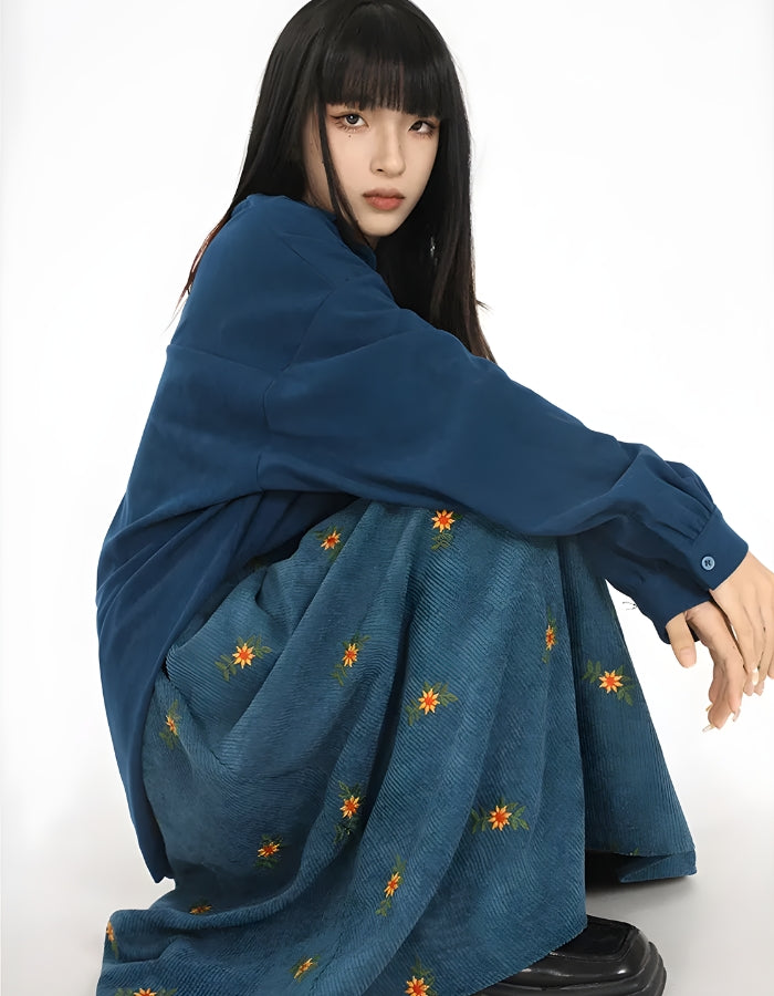 Style Core Aesthetics, New Style Trends - Sunflower Embroidered Corduroy Maxi Skirt Style Core Aesthetics, New Style Trends - Sunflower Embroidered Corduroy Maxi Skirt