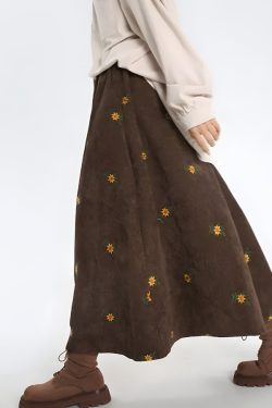 Style Core Aesthetics, New Style Trends - Sunflower Embroidered Corduroy Maxi Skirt