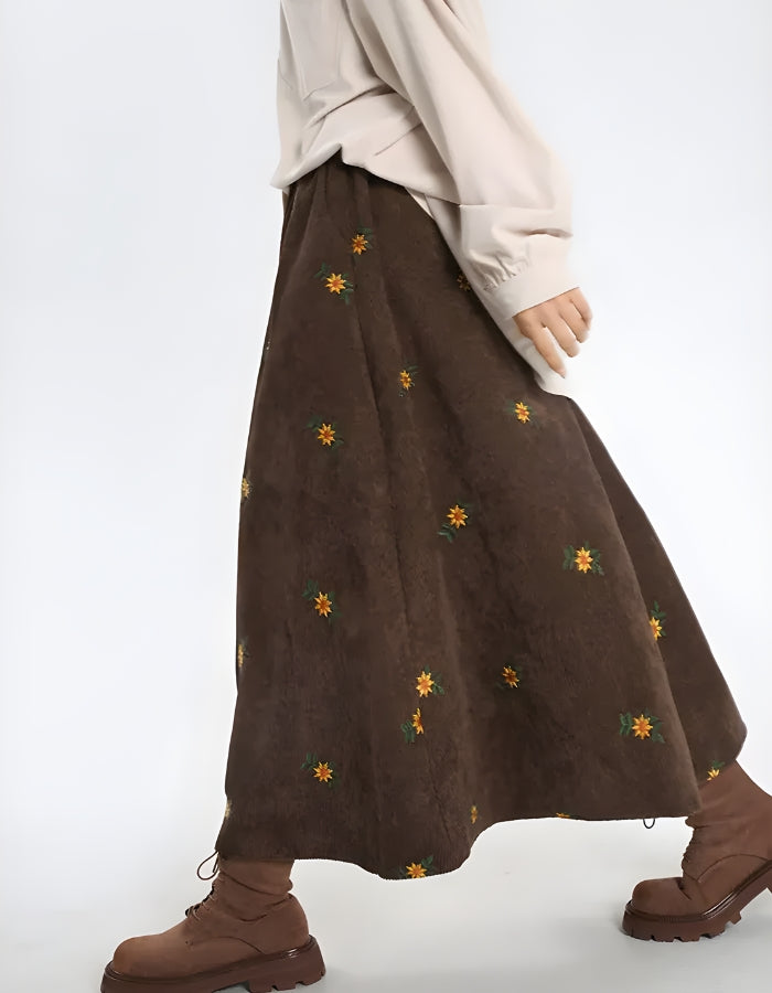 Style Core Aesthetics, New Style Trends - Sunflower Embroidered Corduroy Maxi Skirt Style Core Aesthetics, New Style Trends - Sunflower Embroidered Corduroy Maxi Skirt
