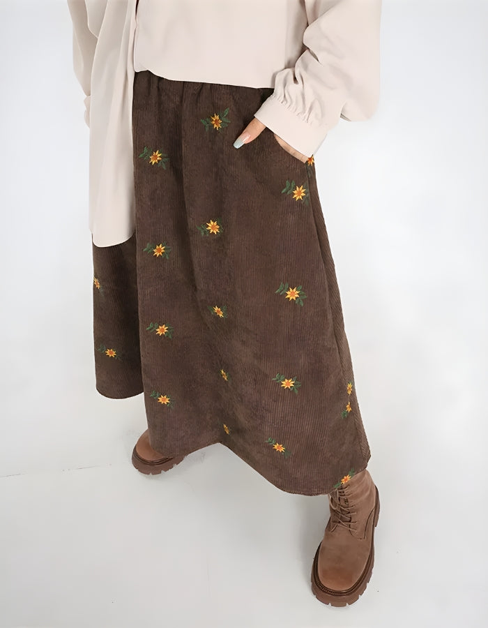 Style Core Aesthetics, New Style Trends - Sunflower Embroidered Corduroy Maxi Skirt Style Core Aesthetics, New Style Trends - Sunflower Embroidered Corduroy Maxi Skirt
