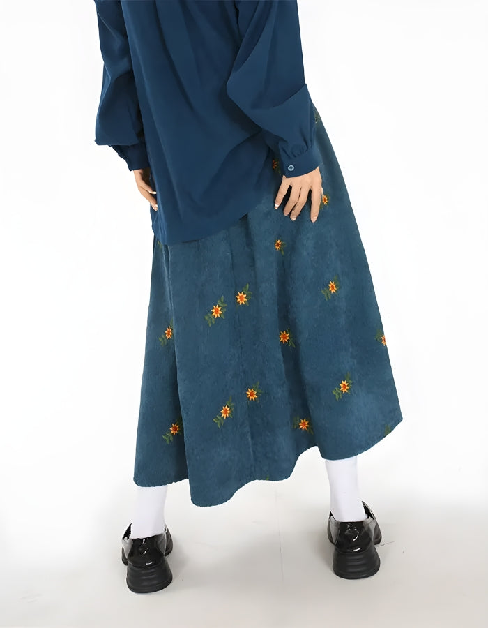 Style Core Aesthetics, New Style Trends - Sunflower Embroidered Corduroy Maxi Skirt Style Core Aesthetics, New Style Trends - Sunflower Embroidered Corduroy Maxi Skirt
