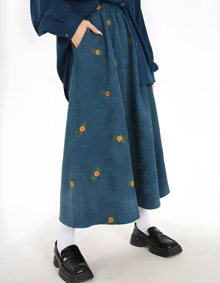 Style Core Aesthetics, New Style Trends - Sunflower Embroidered Corduroy Maxi Skirt Style Core Aesthetics, New Style Trends - Sunflower Embroidered Corduroy Maxi Skirt