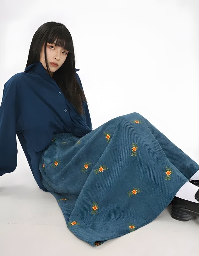 Style Core Aesthetics, New Style Trends - Sunflower Embroidered Corduroy Maxi Skirt Style Core Aesthetics, New Style Trends - Sunflower Embroidered Corduroy Maxi Skirt