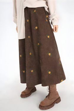 Style Core Aesthetics, New Style Trends - Sunflower Embroidered Corduroy Maxi Skirt