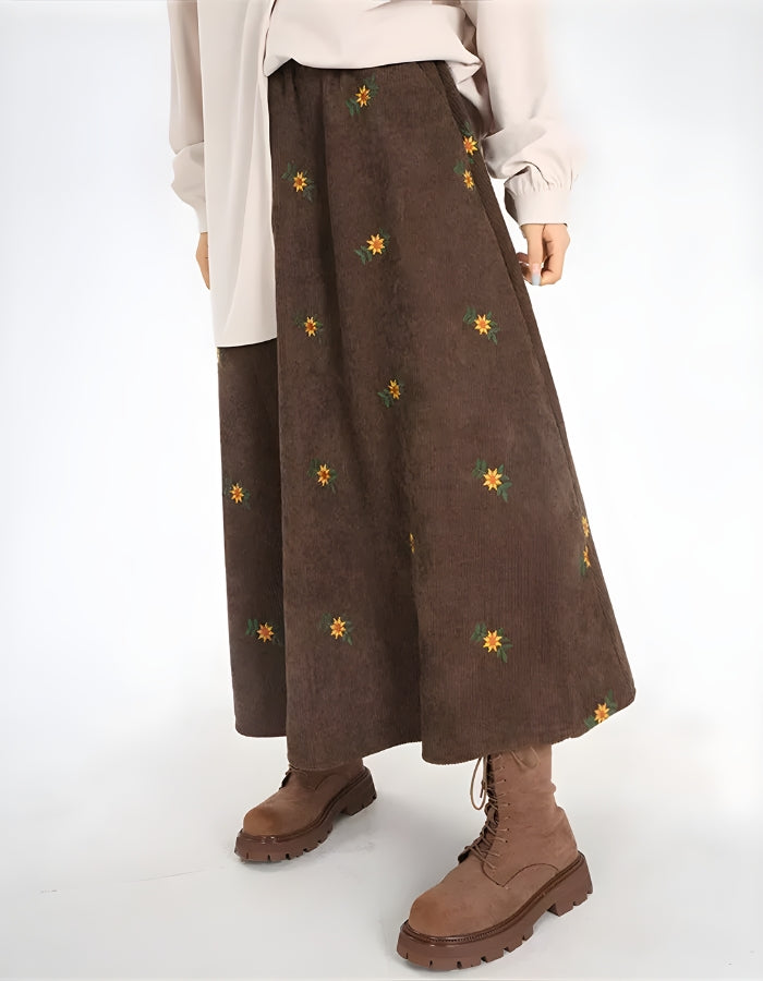 Style Core Aesthetics, New Style Trends - Sunflower Embroidered Corduroy Maxi Skirt Style Core Aesthetics, New Style Trends - Sunflower Embroidered Corduroy Maxi Skirt