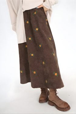 Style Core Aesthetics, New Style Trends - Sunflower Embroidered Corduroy Maxi Skirt