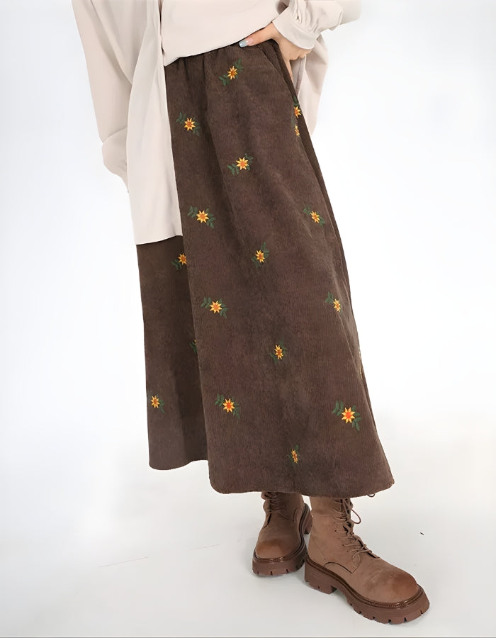 Style Core Aesthetics, New Style Trends - Sunflower Embroidered Corduroy Maxi Skirt Style Core Aesthetics, New Style Trends - Sunflower Embroidered Corduroy Maxi Skirt