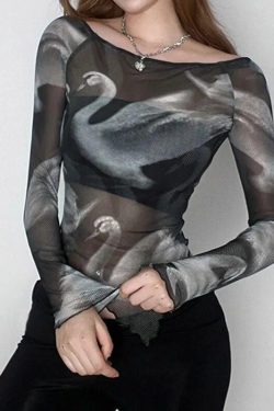 Style Core Aesthetics, New Style Trends - Swan Graphic Asymmetrical Mesh Top