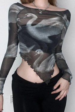 Style Core Aesthetics, New Style Trends - Swan Graphic Asymmetrical Mesh Top