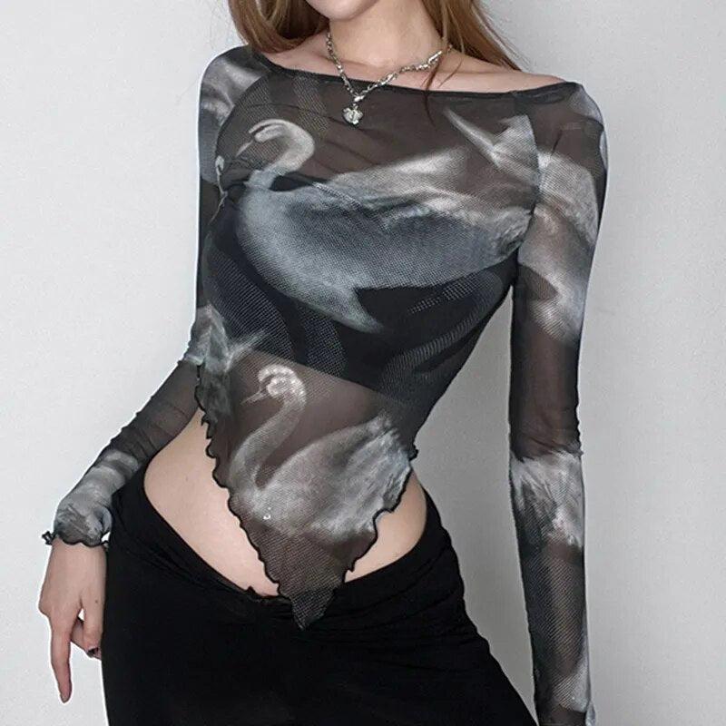 Style Core Aesthetics, New Style Trends - Swan Graphic Asymmetrical Mesh Top Style Core Aesthetics, New Style Trends - Swan Graphic Asymmetrical Mesh Top