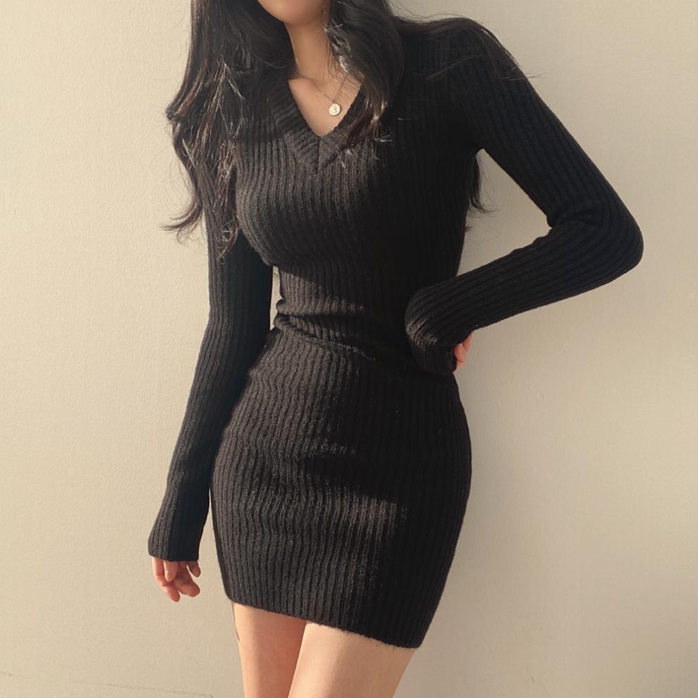 Style Core Aesthetics, New Style Trends - V-neck Knitted Mini Dress Style Core Aesthetics, New Style Trends - V-neck Knitted Mini Dress