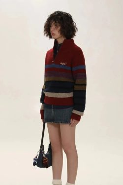 Style Core Aesthetics, New Style Trends - Vintage Aesthetic Knitted Zip Sweater
