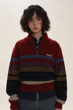 Style Core Aesthetics, New Style Trends - Vintage Aesthetic Knitted Zip Sweater