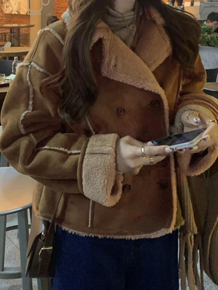 Style Core Aesthetics, New Style Trends - Vintage Brown Lambswool Splice Short Jacket Style Core Aesthetics, New Style Trends - Vintage Brown Lambswool Splice Short Jacket