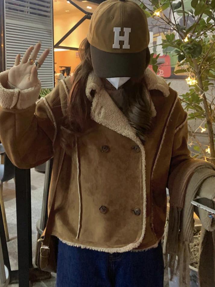 Style Core Aesthetics, New Style Trends - Vintage Brown Lambswool Splice Short Jacket Style Core Aesthetics, New Style Trends - Vintage Brown Lambswool Splice Short Jacket