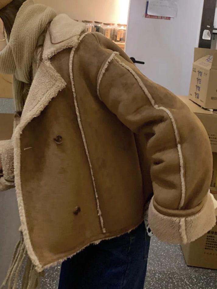 Style Core Aesthetics, New Style Trends - Vintage Brown Lambswool Splice Short Jacket Style Core Aesthetics, New Style Trends - Vintage Brown Lambswool Splice Short Jacket