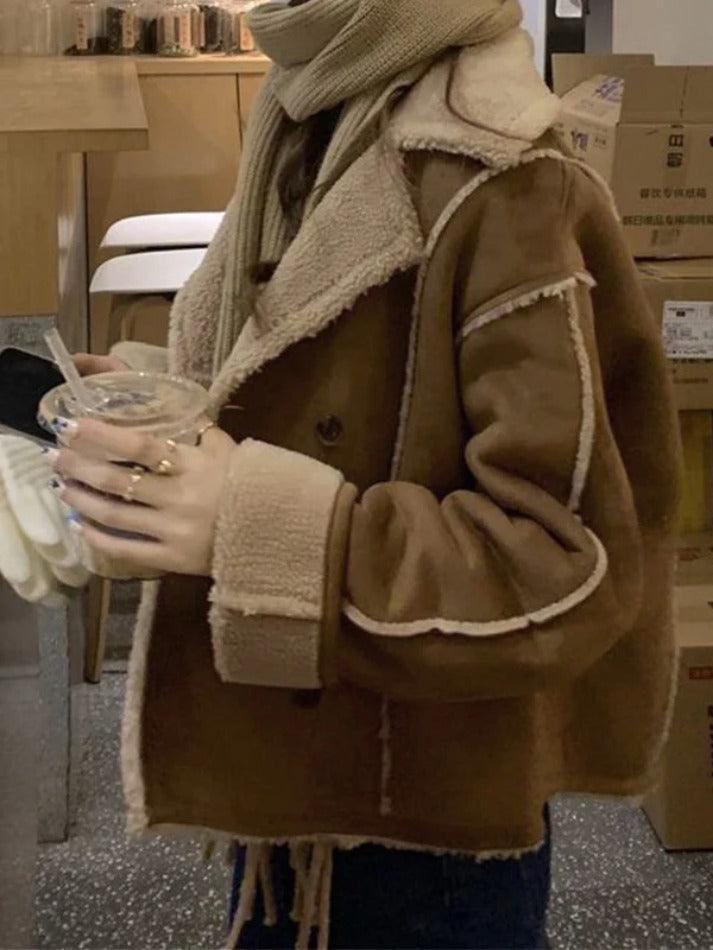 Style Core Aesthetics, New Style Trends - Vintage Brown Lambswool Splice Short Jacket Style Core Aesthetics, New Style Trends - Vintage Brown Lambswool Splice Short Jacket