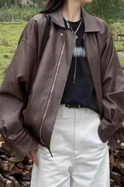 Style Core Aesthetics, New Style Trends - Vintage Brown Lapel Neck Zip Up Leather Jacket