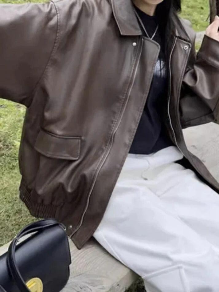 Style Core Aesthetics, New Style Trends - Vintage Brown Lapel Neck Zip Up Leather Jacket Style Core Aesthetics, New Style Trends - Vintage Brown Lapel Neck Zip Up Leather Jacket