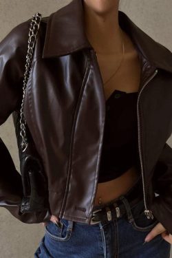 Style Core Aesthetics, New Style Trends - Vintage Brown Lapel Neck Zip Up Short Jacket