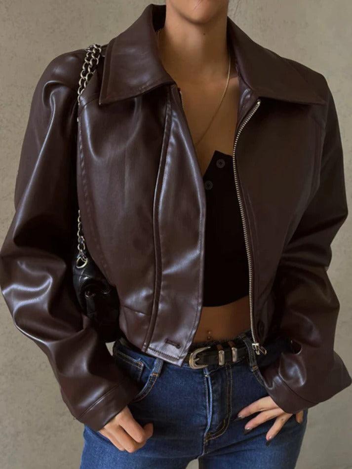 Style Core Aesthetics, New Style Trends - Vintage Brown Lapel Neck Zip Up Short Jacket Style Core Aesthetics, New Style Trends - Vintage Brown Lapel Neck Zip Up Short Jacket