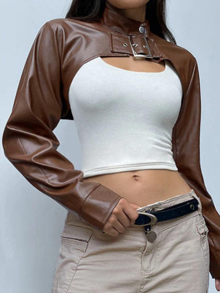 Style Core Aesthetics, New Style Trends - Vintage Brown Ultra Short Metal Buckle Leather Jacket Style Core Aesthetics, New Style Trends - Vintage Brown Ultra Short Metal Buckle Leather Jacket